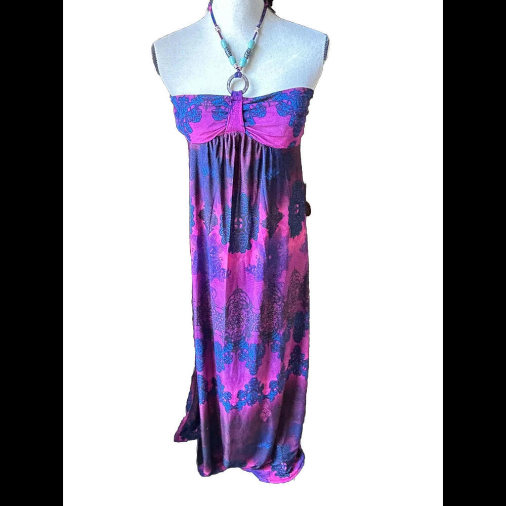 👗💜Paradise ContourSz M Empire Waist Padded Top Maxi Ring Detail Bead Neck Tie